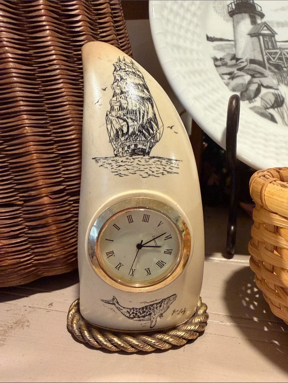 Nantucket Ivory Decorative Clock with Sailing Ship Whale scrimshaw by Joe Luiz